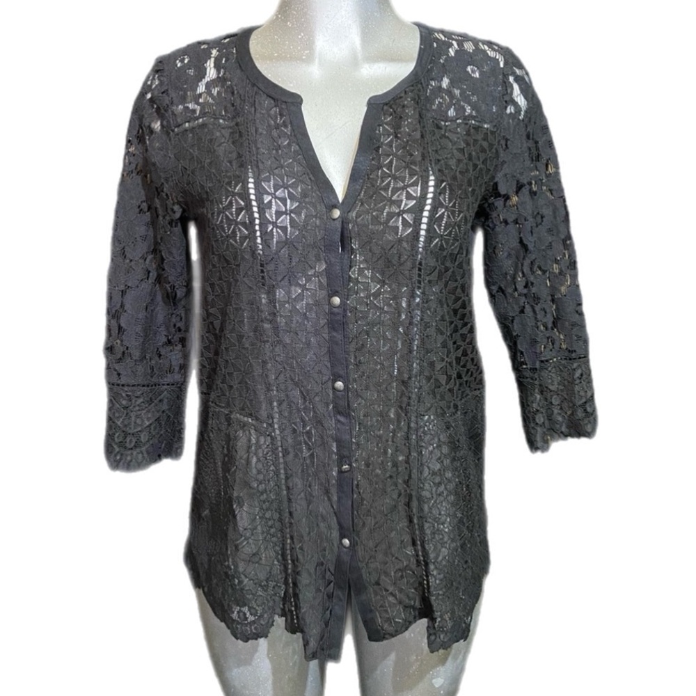 Lucky Brand Black Lace Cardigan Top Medium Button Eyelet Cottagecore Goth Witchy